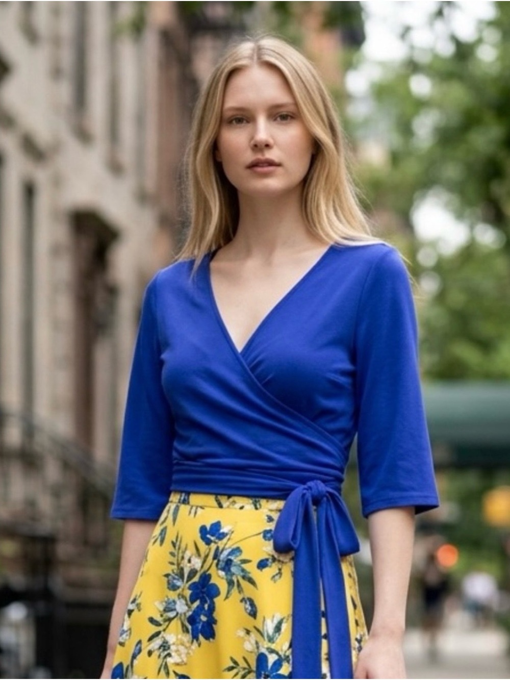 Express Women’s Cobalt Blue Wrap Blouse with Tie Waist